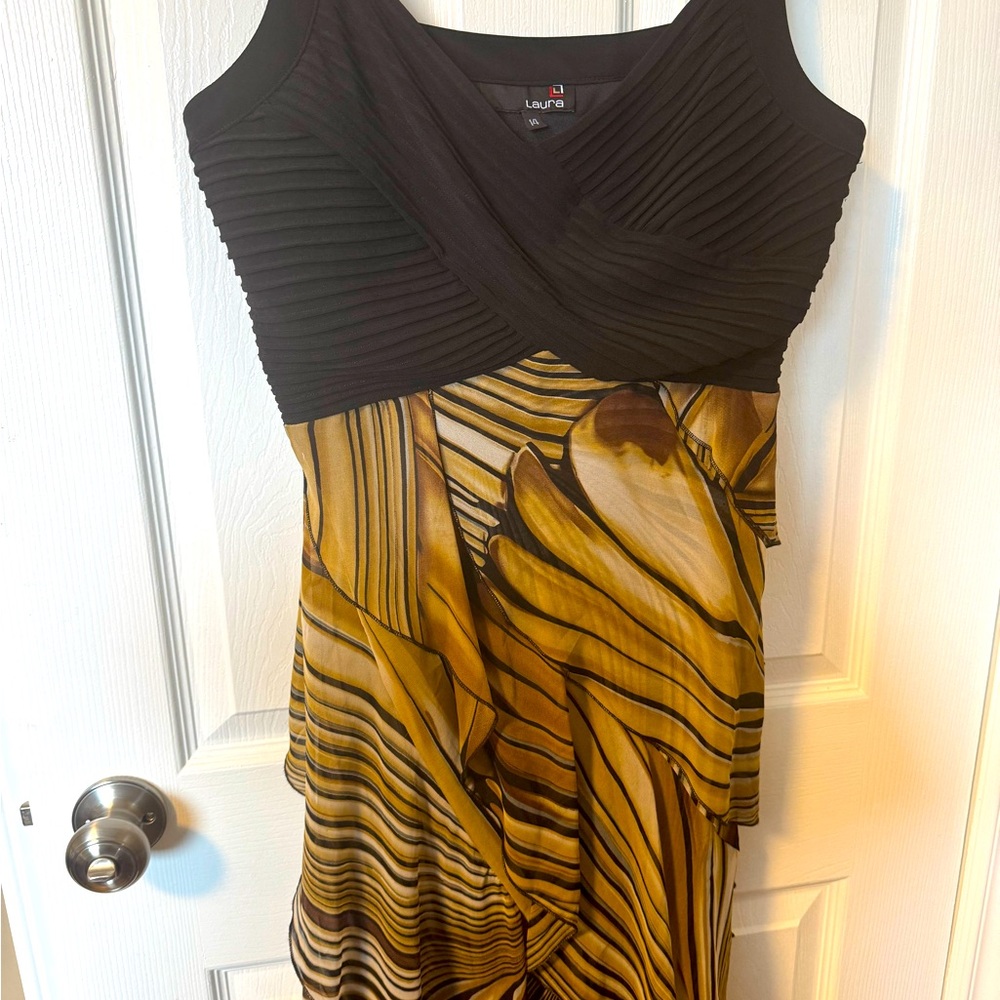 Laura Evening Dress-Size US 14. Black, tan and beige.
